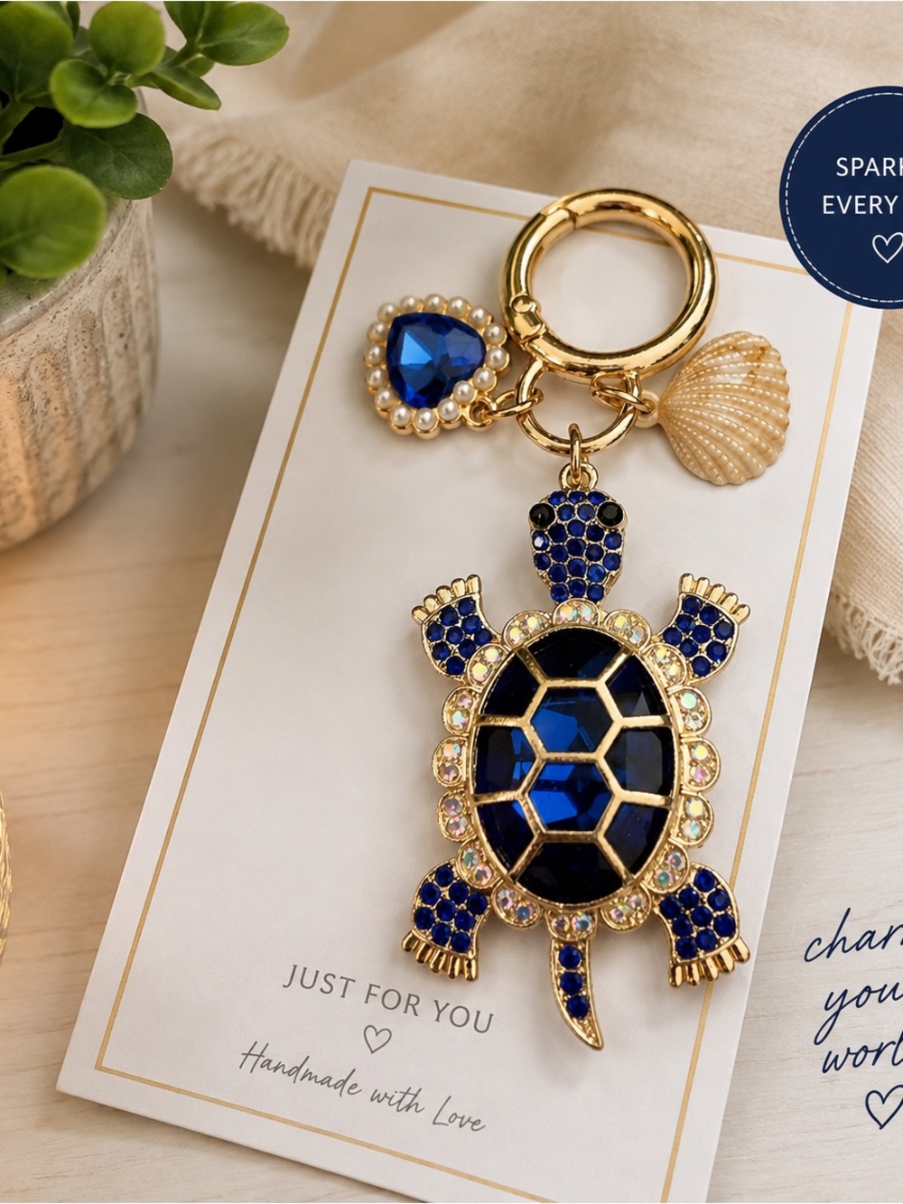 Blue Jeweled Turtle Keychain Gold Tone Rhinestone Sea Turtle Char
